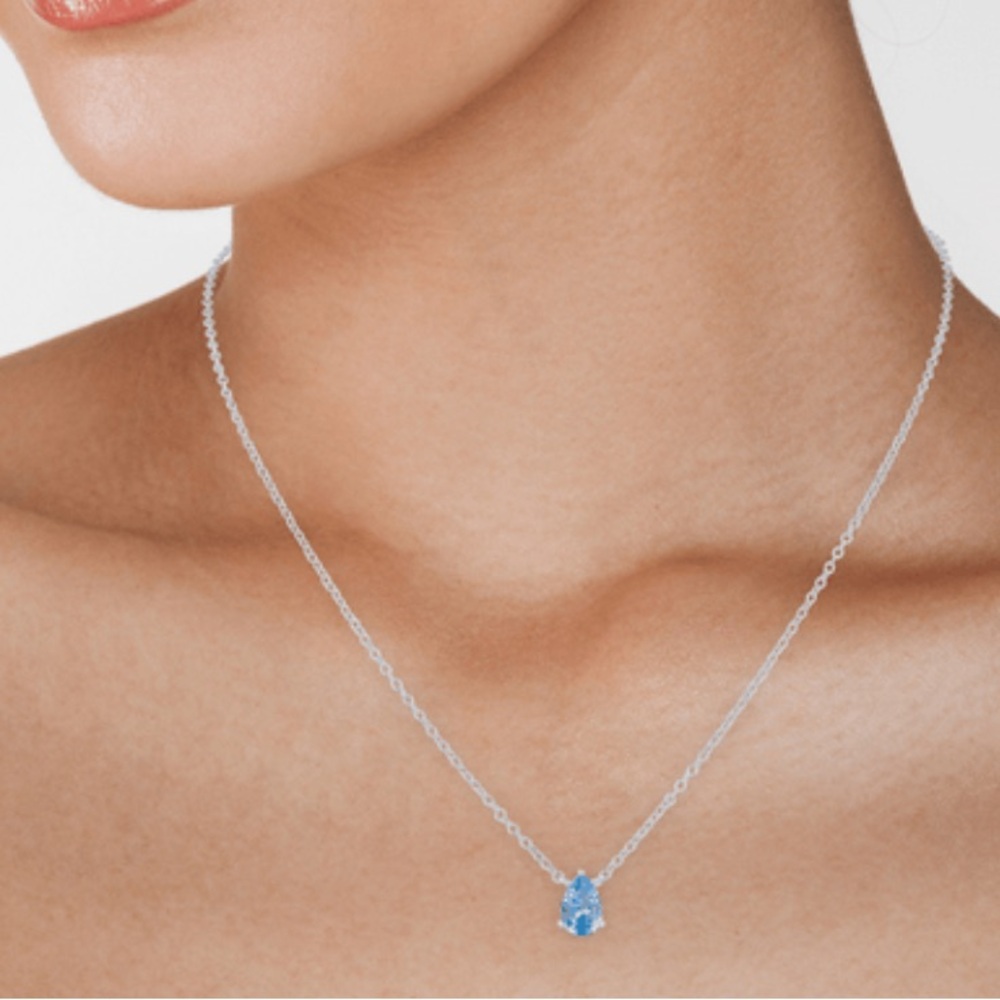 NEW Kenneth Jay Lane 1.5 Cttw Silver Chain Necklace with Blue Pear CZ Pendant